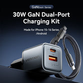 Vention 2-Port USB | TZ-FEWH0-EU | (C + A) GaN Charger (30W/18W) Gray with USB-C to USB-C Cable (1M)